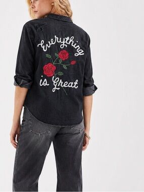 American Eagle Shirt Size Small Black Embroidered Oversized Denim